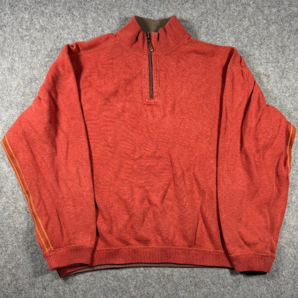 Tommy Bahama Mens Burnt Orange Quarter Zip Pullover Sweater‎ Contrast Stitch XL